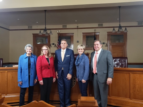 From left: Precinct 1 Commissioner Terry Cook, Precinct 2 Commissioner Cynthia Long, County Judge Bill Gravell, Precinct 3 Commissioner Valerie Covey and Precinct 4 Commissioner Russ Boles pose ahead of the first Commissioners Court meeting of 2019. 