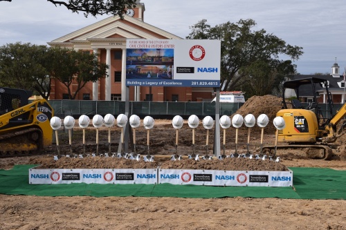 Ceremonial shovels and hard hats are laid out on display prior to the groundbreaking ceremony. 