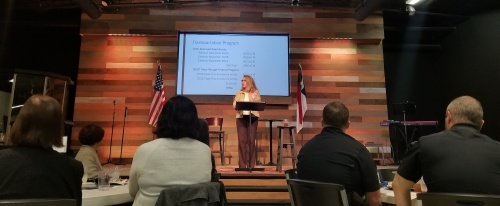 Williamson County Precinct 2 Commissioner Cynthia Long speaks at Leander Chamber of Commerce luncheon Feb. 26.