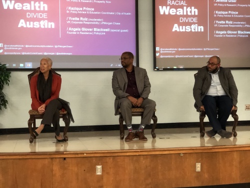 Angela Glover-Blackwell, Kazique Prince and Jeremie Greer take part in a panel discussion at Huston-Tillotson University in Austin on Feb. 28.