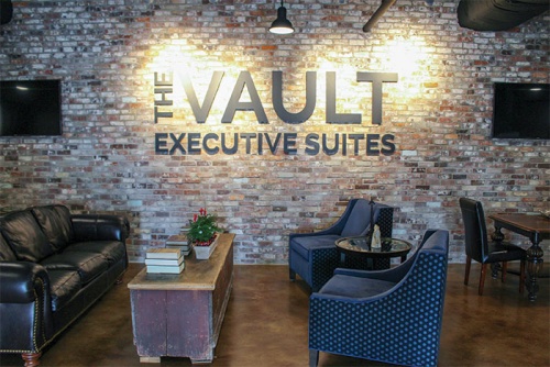 The Vault Executive Suites features 17 individual office suites located on the second floor of Spirit of Texas Bank in the city of Tomball.