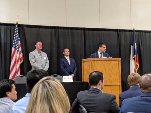 Conroe council  members Duane Ham (left) and Jody Czajkoski (center) led the Conroe/Lake Conroe Chamber of Commerce's luncheon report on the state of the city with City of Conroe Administrator Paul Virgadamo.