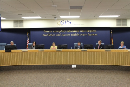 From left: The Gilbert Public Schools governing board, plus the district superintendent, comprises Charles Santa Cruz, Lori Wood, Sheila Uggetti, Superintendent Shane McCord, Reed Carr and Jill Humpherys.