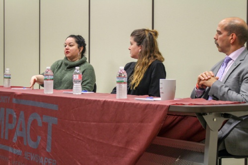 Melissa Torres (left), director of the Human Trafficking Research Portfolio at the University of Texas at Austinu2019s School of Social Work, along with Sarah Koransky (center), who is an education specialist with nonprofit United Against Human Trafficking, and Christopher Sandoval (right), captain of the Special Investigations Division with the Harris County Sheriffu2019s Office, attended Community Impact Newspaperu2019s panel to discuss human trafficking in Houston.