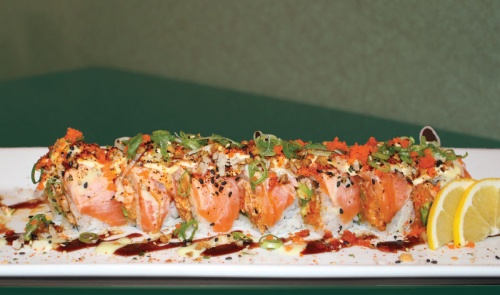Osaka Salmon Roll ($13.50):This fusion sushi dish has spicy salmon, avocado and jalapenos surrounded by rice and topped with salmon that has been seared with a torch to give it a smoky flavor. 