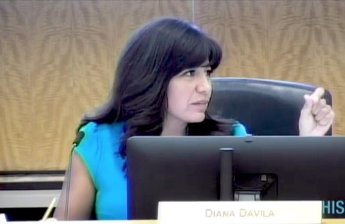 HISD Board President Diana Davila is shown in a screen grab from the March 21 live meeting video. 