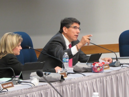 Round Rock ISD Superintendent Steve Flores speaks to the districtu2019s safety and security task force April 18. 
