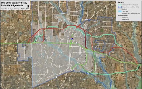 The city of McKinney sent an alignment for US 380 (shown in teal) to the North Central Texas Council of Governments April 24. This is a concept plan, not a preferred alignment, according to the city.