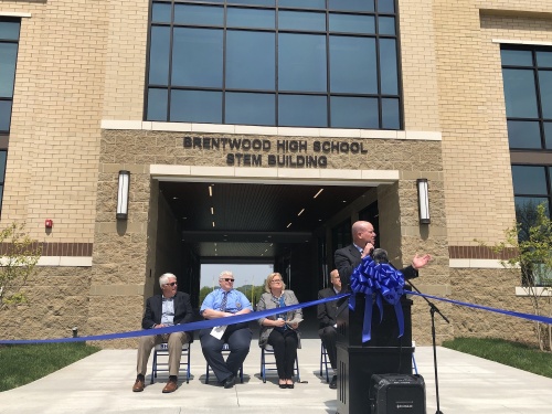 Brentwood High School principal Kevin Keidel speaks at Wednesday's ribbon cutting for the new STEM building on campus.