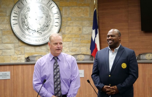 Hutto Assistant City Manager Byron Frankland flanked by City Manager Odis Jones.