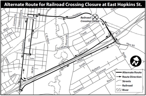 East Hopkins Street between the intersections of Charles Austin Drive and Thorpe Lane will be closed April 27-28 from 7 a.m. to 6 p.m. as Union Pacific Railroad conducts a rail line replacement, according to a city of San Marcos press release.u00a0