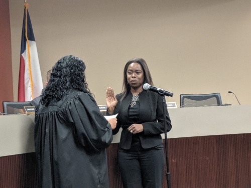 Allison Drew is sworn in as Fort Bend ISD trustee Position 5 at the May 13 meeting.