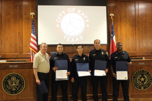 Mayor Chuck Brawner recognizes first responders for saving the life of a 45-year-old man who suffered chest pains. 