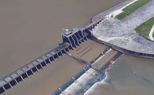 The Lake Houston dam is shown in a Google Earth Pro aerial photo. 