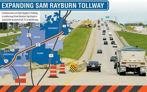 Construction on Sam Rayburn Tollway is underway from Denton Tap Road in Lewisville to east of US 75 in McKinney.
