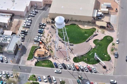 An aerial view of the Water Tower Plaza in downtown Gilbert.