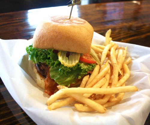 The Bob ($9.79) A half-pound burger is topped with lettuce, tomato, pickles, onion, mustard, mayo, cheese and bacon.