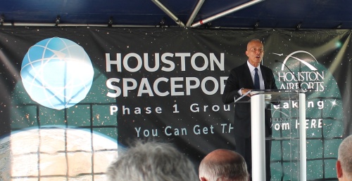Mario Diaz, Houston Airport System executive director, talks about the Houston Spaceport during a groundbreaking ceremony June 28.