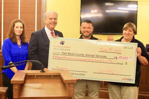 Fort Bend County Animal Services receives additional funds for its spay-and-neuter program and animal medical services thanks to $8,435 in online donations and a $7,500 matching donation from nonprofit Fort Bend PAWS.
