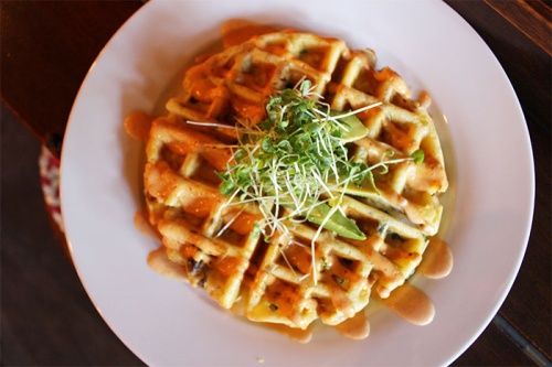 The fritaffle ($8) is a frittata made in a waffle maker with with eggs, potatoes, bacon, cheese and arugula.