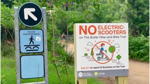 Local nonprofit The Trail Foundation and scooter company Lime have partnered to provide 30 signs along the Butler Trail regarding scooter use.