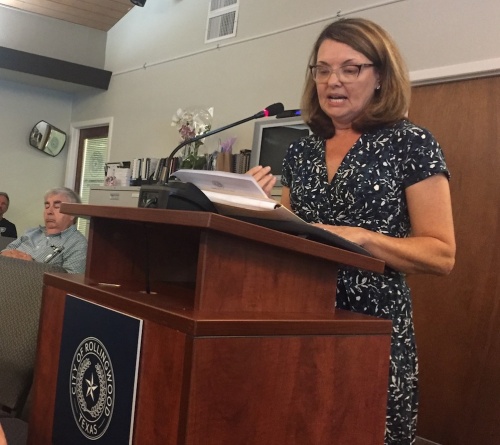 Marina Breeland speaks at a public hearing on the potential agreement between Rollingwood and Rollingwood Park Trust Inc. during the July 17 City Council meeting.