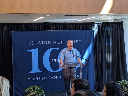 Wayne Voss, Houston Methodist West Hospital CEO, speaks at the Katy-area hospital's ceremony celebrating the 100th anniversary of the hospital system. 