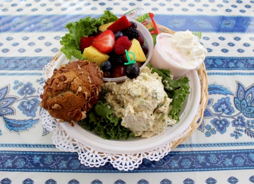 The Picnic Delight  ($11.95) The eateryu2019s signature chicken salad comes with sides such as frozen strawberry salad, fruit salad and a muffin.