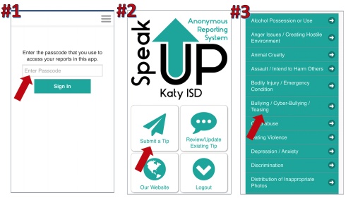 Katy ISD provided screenshots of what the SpeakUp application will look like to submit anonymous tips. 