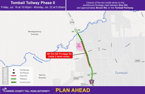 A portion of the southbound frontage road on Hwy. 249 will be closed July 19-22 in Tomball.