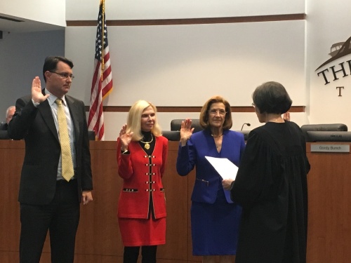 From left: John McMullan, Ann Snyder and Carol Stromatt were sworn into positions on The Woodlands Township board of directors in 2017. The three seats are up for election again in November.