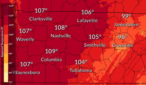 According to the National Weather Service, the heat index will exceed 100 degrees Monday and Tuesday in Nashville.
