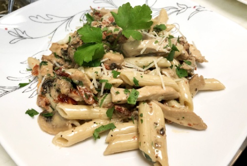 The penne pasta special features chicken, mushrooms, sun-dried tomatoes and a Marsala cream sauce.
