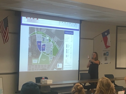 Melissa Neslund with Stratus Properties spoke at the Kingwood BizCom on Aug. 1 about the Kingwood Place development. 