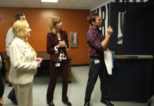 Members of the Plano ISD board of trustees and those present at the work session were given a tour of Williams High School, where recent renovations and points of interest for future renovations were pointed out.