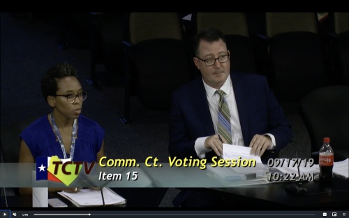 Travis County Budget Director Travis Gatlin and Senior Planning & Budget Analyst Aerin Pfaffenberger present updates to the proposed FY 2019-20 budget at a Sept. 17 Commissioners Court meeting.