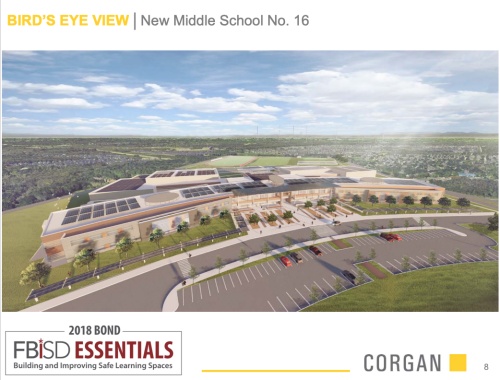 Bird's eye view architectural drawing of New Middle School No. 16. 