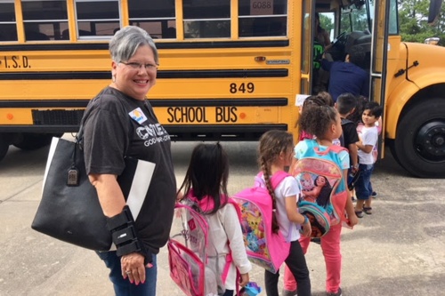 Debbie Blackshear volunteers as a Cy-Fair ISD Bus Buddy. 