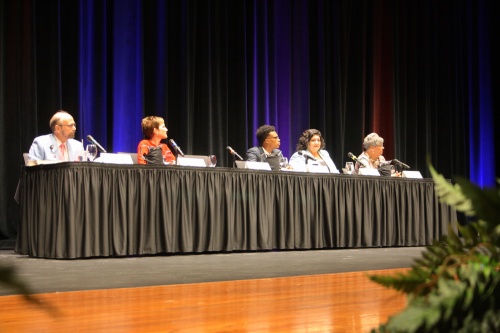 Left to right: Tom Jackson, Julie Hinaman, Ryan Irving, Natalie Blasingame, Debbie Blackshear attend a CFISD candidate forum. 