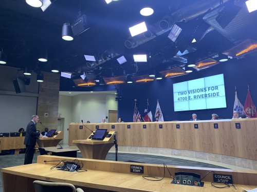 Michael Whellan, a local attorney representing the developers of 4700 Riverside, speaks at an Austin City Council meeting on Oct. 17.