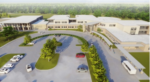 An aerial rendering of Lakeland Elementary School shows a roundabout entry. 