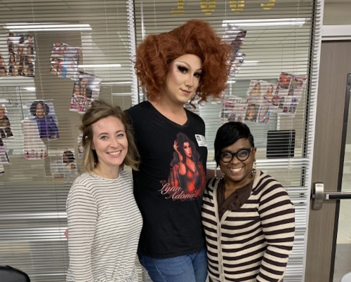 From left: Willis High School cosmetology teacher Katie Helper, drag queen Lynn Adonis-Deveaux, and cosmetology teacher Callie Brown at WHS.